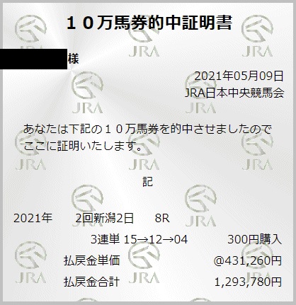 5月9日新潟8R・万馬券証明書