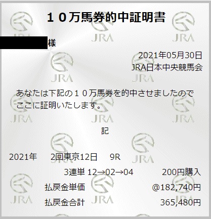 5/30(日)東京9レース万馬券証明書