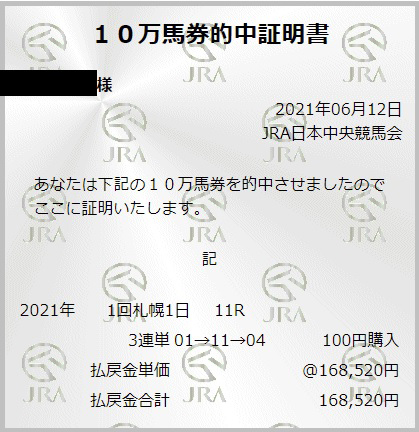 6/12(土) 万馬券証明書