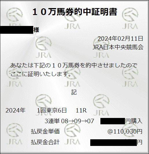 共同通信杯 双馬の的中馬券