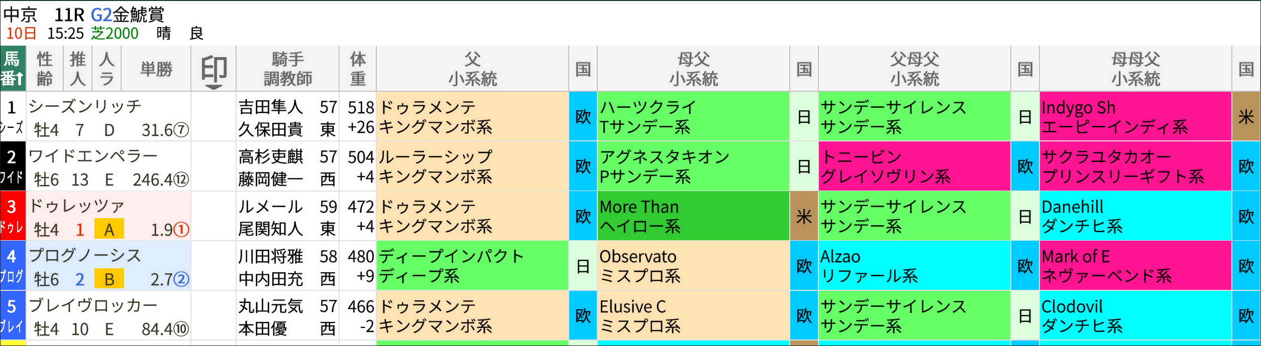 金鯱賞の出馬表(デフォルト表示)