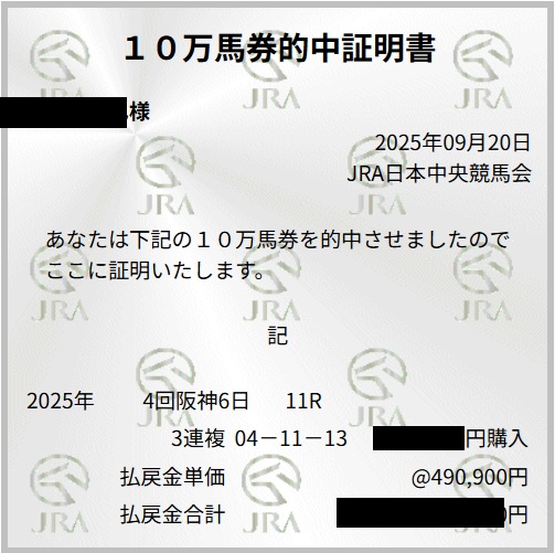 10万馬券的中証明書 10万馬券的中証明書