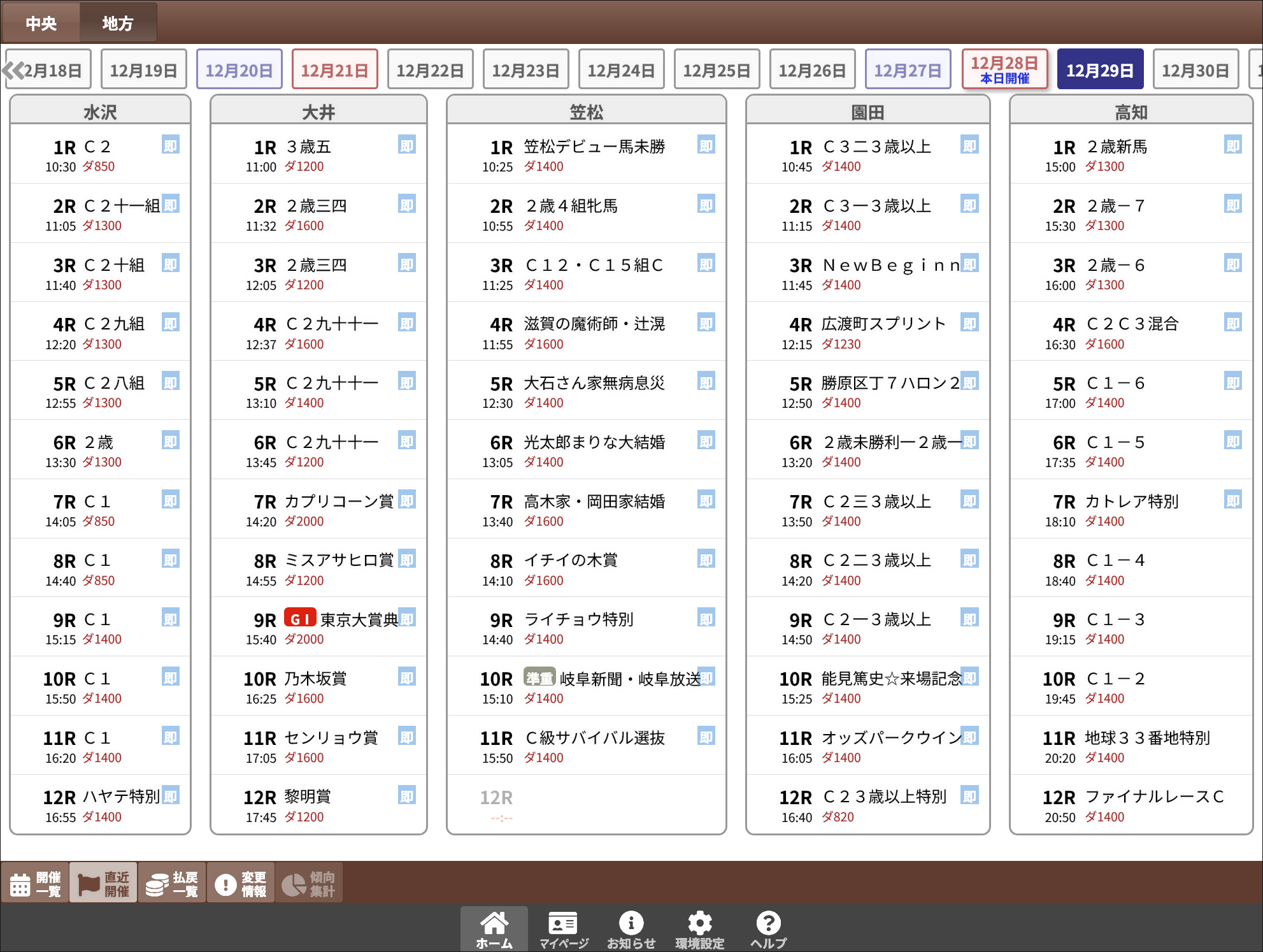 スマート出馬表・最新バージョンの過去5走画面 スマート出馬表・最新バージョンの過去5走画面