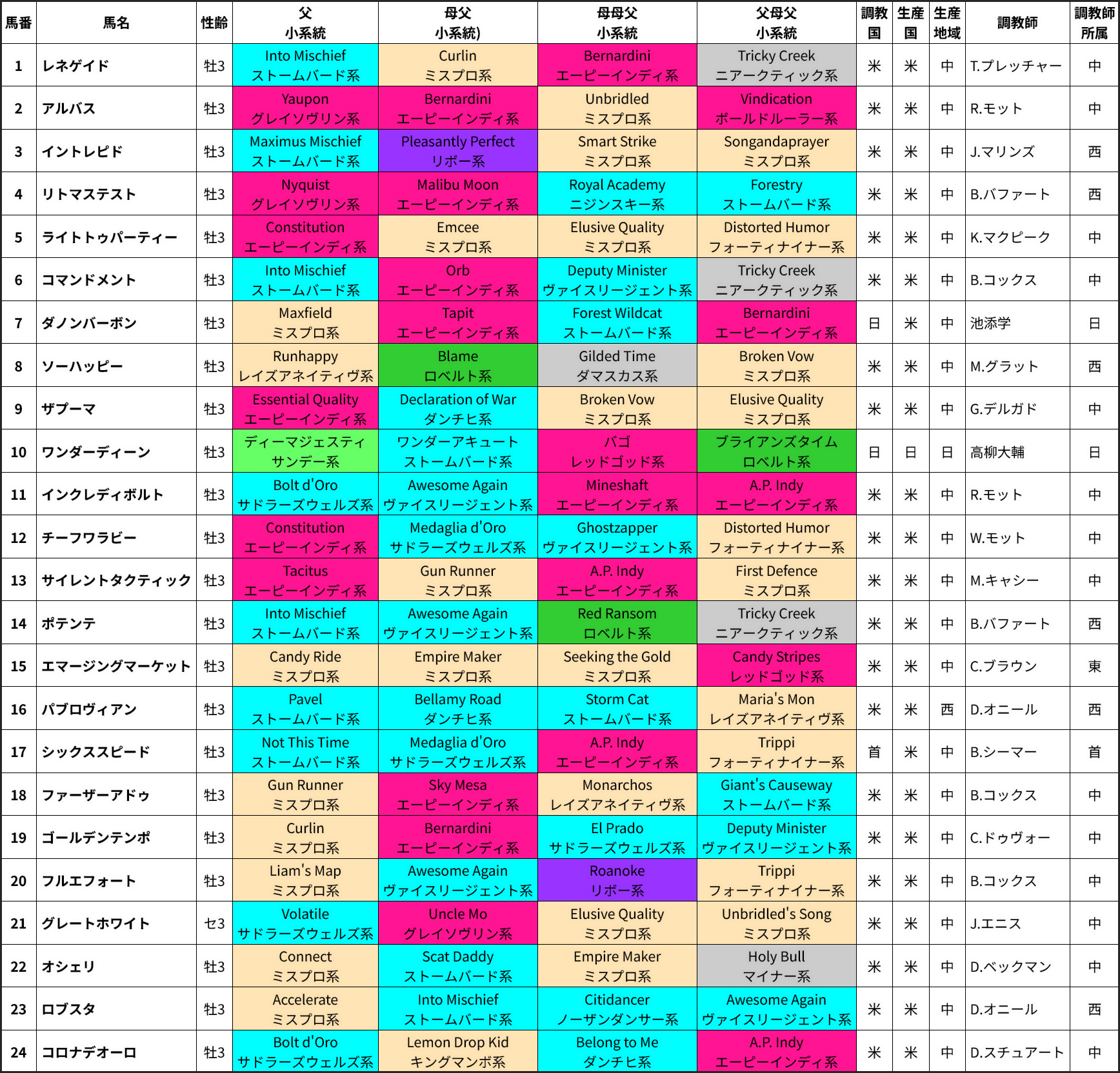 ケンタッキーダービー出走馬の血統＆系統表