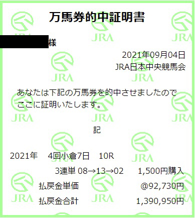 万馬券的中証明書