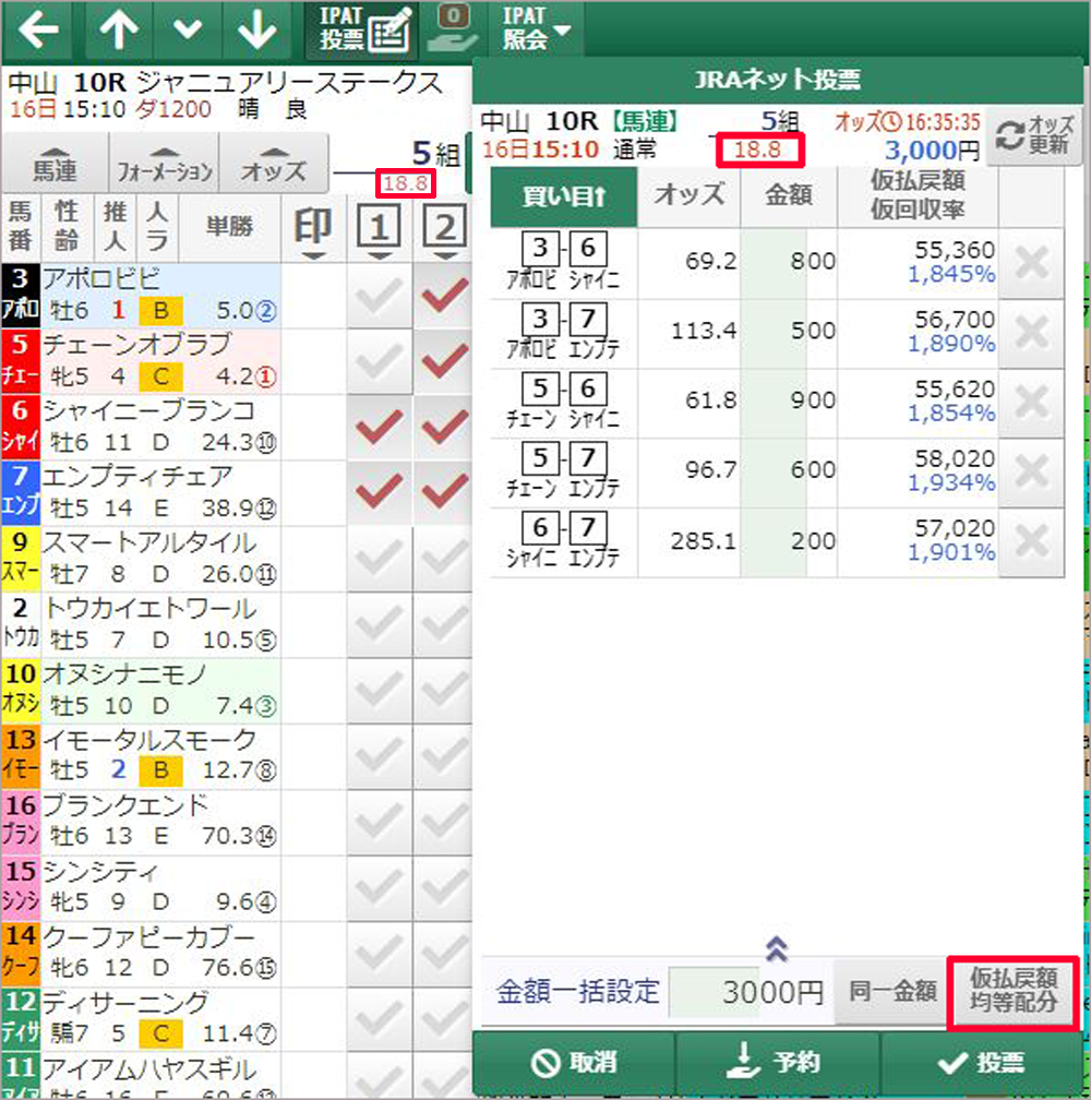 スマート出馬表を使ったIPAT投票画面
