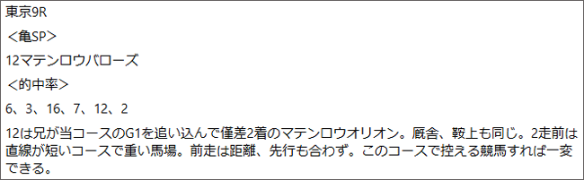 10月12日(日)東京9R 亀谷の見解