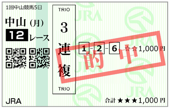 1月12日(月)中山12R購入馬券